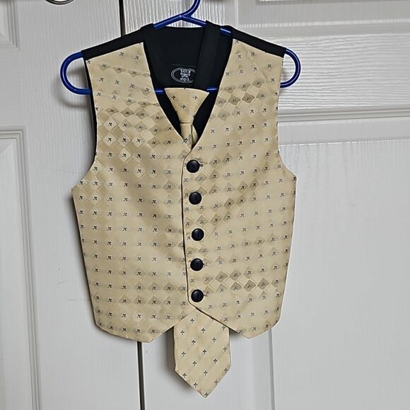 Top Kids Boy's Waist Coat Vest & Tie Size 6 Yellow & Navy Blue - Picture 2 of 16